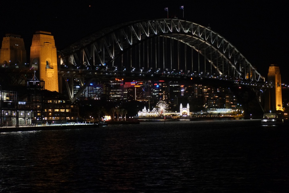 Sydney bridge as seen from the Manly ferry at night