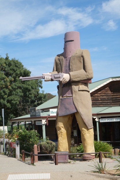 On my drive back from Melbourne to Sydney, I realized one morning that I was in Ned Kelly country. This very large construction commemorates Kelly in Glenrowan, scene of his “last stand.” I highly recommend Peter Carey's <i>True Story of the Kelly Gang</i> for further details.